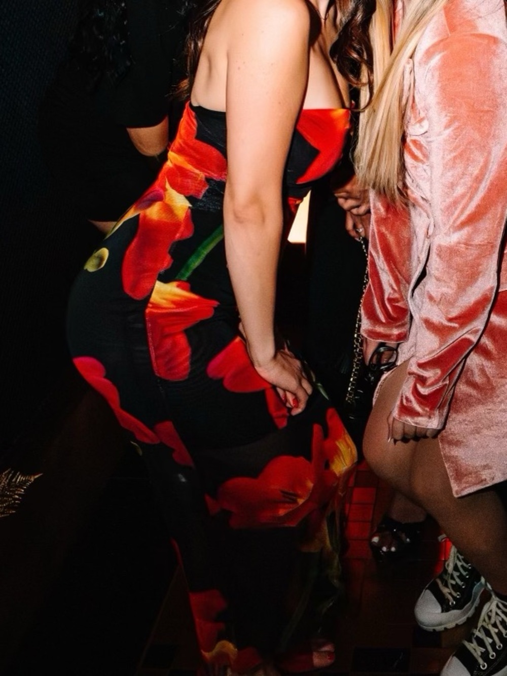 Stunning Zara strapless Black Floral Evening Dress with Red & Yellow Blooms